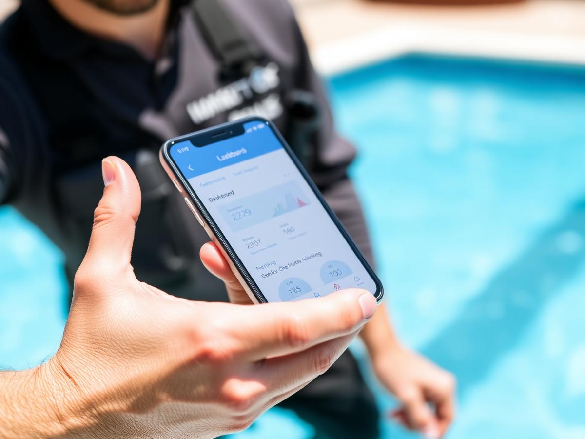 Técnico de piscinas usando la app Cloro en el móvil